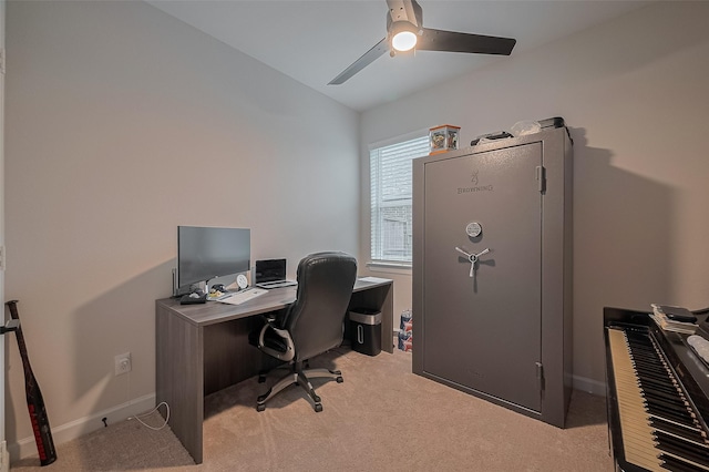 3213 Overfalls Dr, Santa Fe, TX 77510 - home office with ceiling fan, light carpet, and lofted ceiling