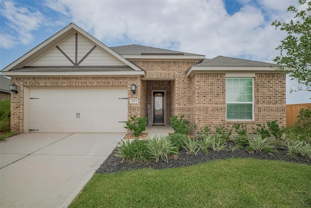 3213 Overfalls Dr, Santa Fe, TX 77510 - view of front of house with brick siding, concrete driveway, a front yard, an attached garage, and roof with shingles
