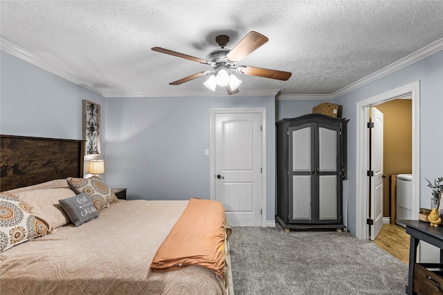 112 April Wind Dr E, Montgomery, TX 77356 - bedroom with a textured ceiling, crown molding, and a ceiling fan