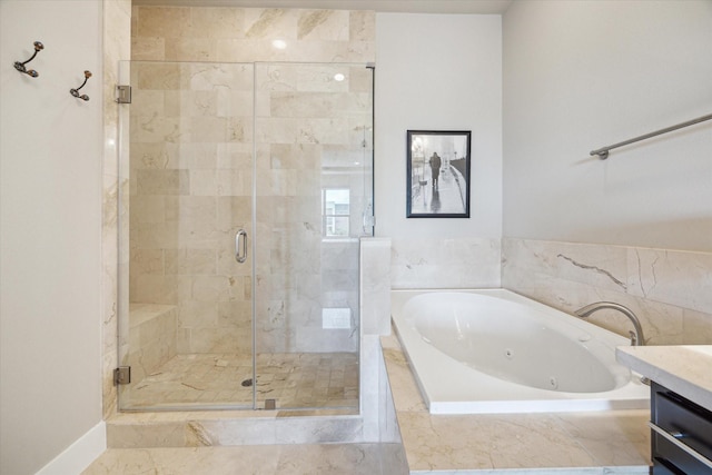 4102 Marina St, Houston, TX 77007 - bathroom with a whirlpool tub, a stall shower, and vanity