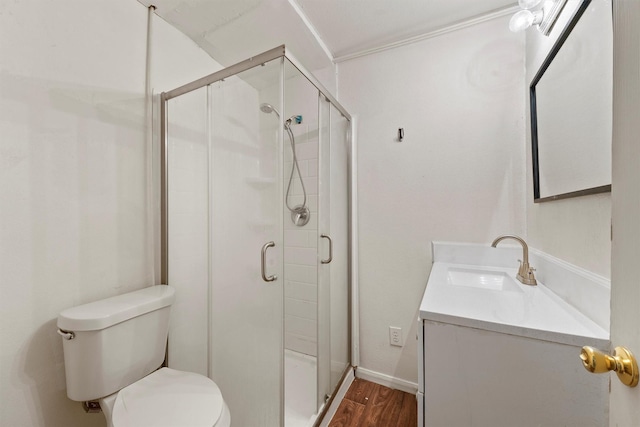 1327 Bartlett Cove Dr, Houston, TX 77067 - bathroom with vanity, a shower stall, and wood finished floors