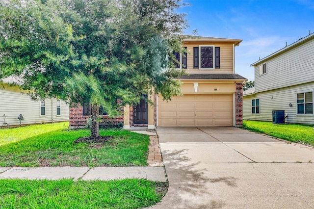 2726 Indigo Stone Ln, Katy, TX 77449 - view of front facade with brick siding, an attached garage, concrete driveway, a front yard, and roof with shingles