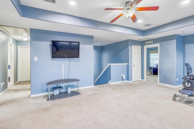 2726 Indigo Stone Ln, Katy, TX 77449 - living room with attic access, carpet, ceiling fan, and recessed lighting