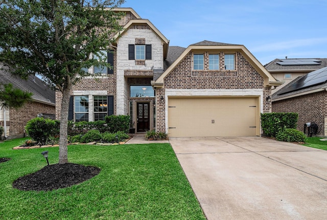 9215 Union Meadow Ln, Cypress, TX 77433 - view of front of house featuring brick siding, driveway, a front yard, stone siding, and an attached garage