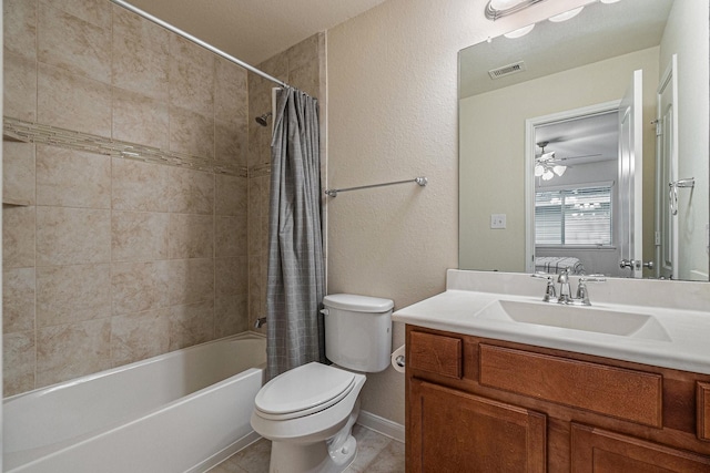 9215 Union Meadow Ln, Cypress, TX 77433 - full bathroom featuring shower / bathtub combination with curtain, vanity, ceiling fan, a textured wall, and tile patterned flooring