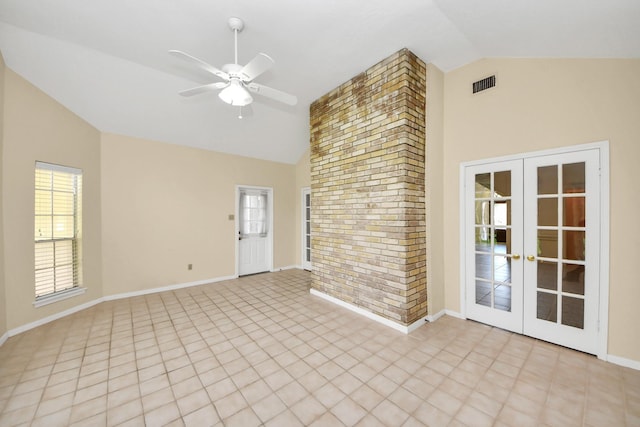 10503 Great Plains Ln, Houston, TX 77064 - empty room with french doors, ceiling fan, high vaulted ceiling, plenty of natural light, and light tile patterned floors