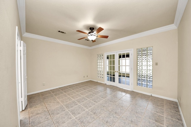 10503 Great Plains Ln, Houston, TX 77064 - empty room with french doors, a ceiling fan, light tile patterned floors, and crown molding