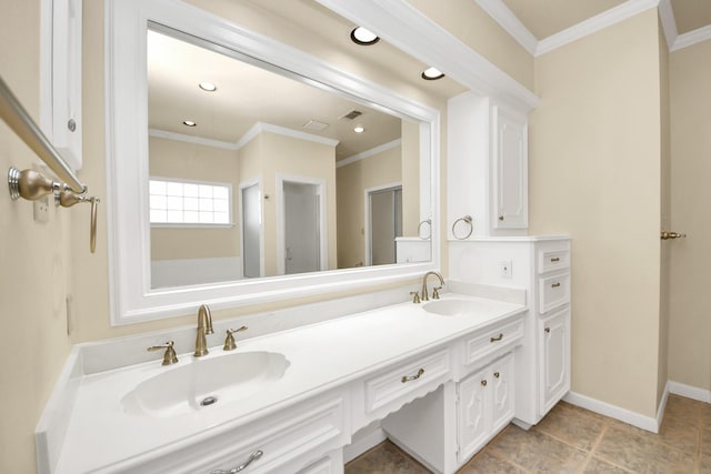 10503 Great Plains Ln, Houston, TX 77064 - bathroom featuring crown molding, double vanity, and recessed lighting