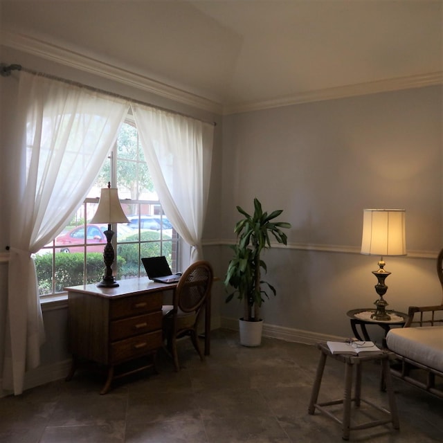 1714 Oak Ridge Dr, Kemah, TX 77565 - home office featuring crown molding and vaulted ceiling
