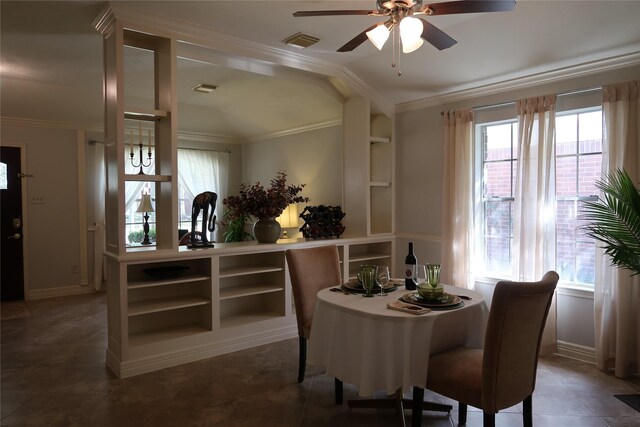 1714 Oak Ridge Dr, Kemah, TX 77565 - dining room with ceiling fan, healthy amount of natural light, and crown molding