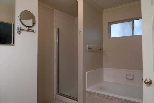 1714 Oak Ridge Dr, Kemah, TX 77565 - bathroom with ornamental molding, a bath, and an enclosed shower