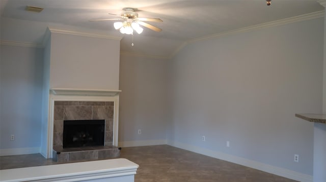 1714 Oak Ridge Dr, Kemah, TX 77565 - unfurnished living room with ceiling fan, a fireplace, ornamental molding, and vaulted ceiling