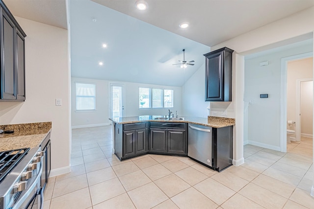 12610 Marley Hills Trl, Houston, TX 77089 - kitchen featuring dishwasher, a ceiling fan, light stone counters, a peninsula, and lofted ceiling