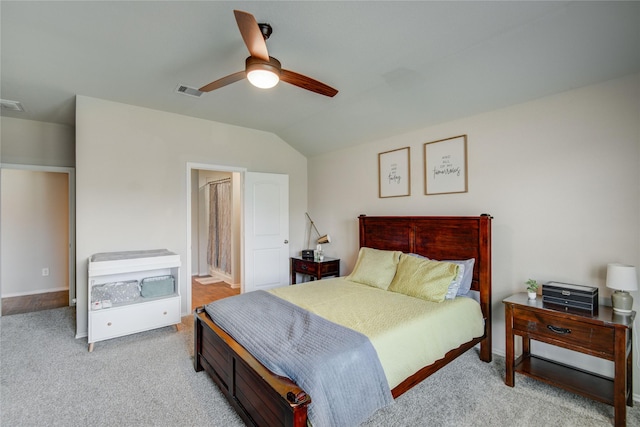 23435 Barberry Trail, Creek Trail, Spring, TX 77373 - bedroom with light carpet, lofted ceiling, and a ceiling fan