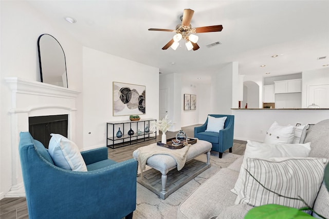 31 Hearthwick Rd, Tomball, TX 77375 - living area with wood finished floors, ceiling fan, a fireplace, and recessed lighting