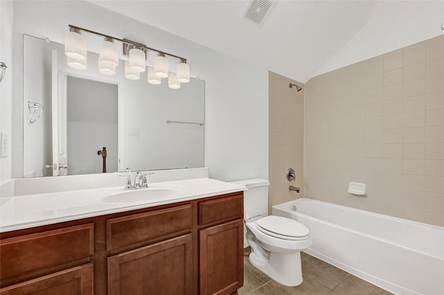 31 Hearthwick Rd, Tomball, TX 77375 - bathroom with vanity, vaulted ceiling, tile patterned floors, and  shower combination