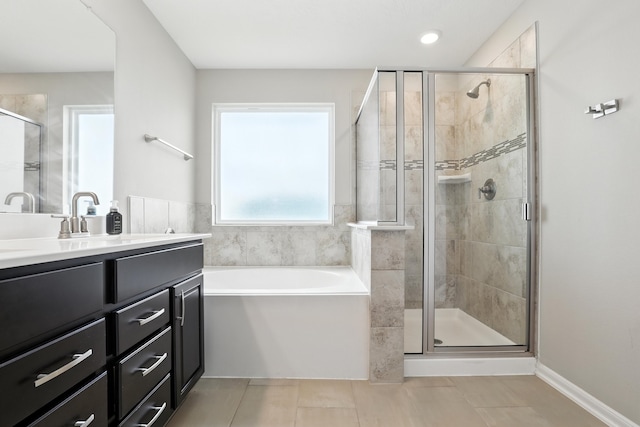 8618 Cedar Plains Ln, Houston, TX 77080 - full bathroom featuring tile patterned flooring, vanity, a shower stall, and a bath