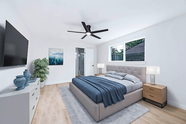 5730 Alvarado Dr, Houston, TX 77035 - bedroom with light wood finished floors, ceiling fan, and connected bathroom