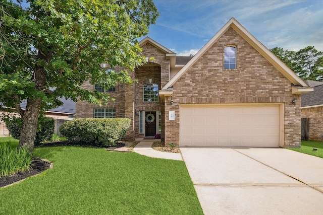 15 Sheltered Arbor Ct, The Woodlands, TX 77382 - traditional home featuring brick siding, a front lawn, and concrete driveway