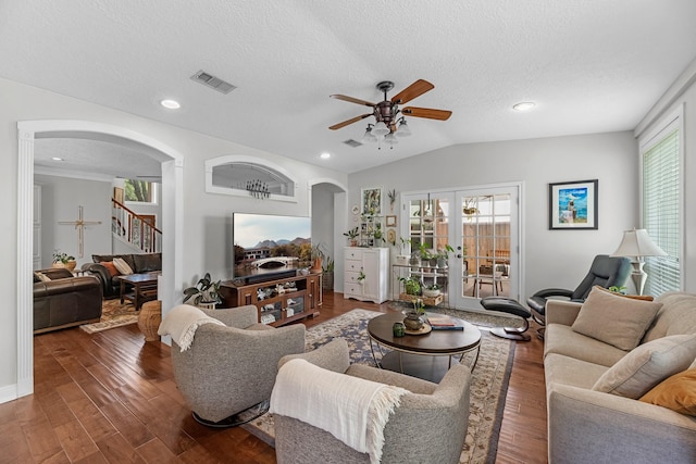8639 Ballinger Dr, Houston, TX 77064 - living room with ceiling fan, arched walkways, lofted ceiling, wood finished floors, and recessed lighting