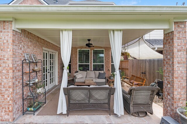 8639 Ballinger Dr, Houston, TX 77064 - view of patio featuring french doors, an outdoor living space, and ceiling fan