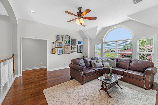 8639 Ballinger Dr, Houston, TX 77064 - living room featuring wood finished floors, ceiling fan, vaulted ceiling, arched walkways, and recessed lighting