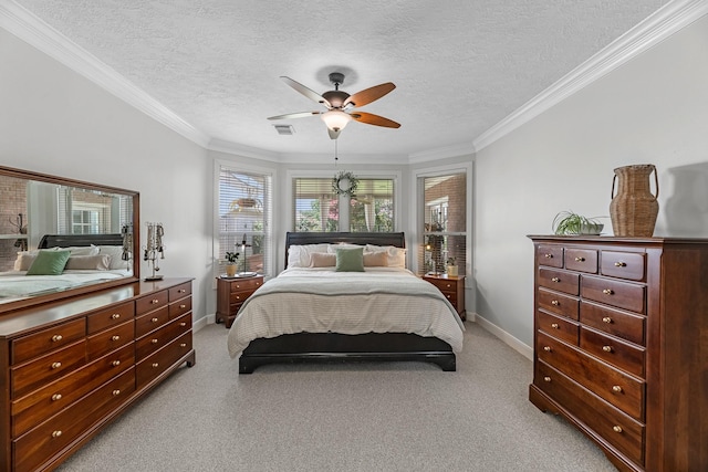 8639 Ballinger Dr, Houston, TX 77064 - bedroom featuring light carpet, a textured ceiling, ornamental molding, and ceiling fan