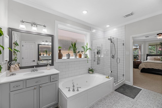 8639 Ballinger Dr, Houston, TX 77064 - bathroom with a shower stall, crown molding, vanity, a tub with jets, and ensuite bath