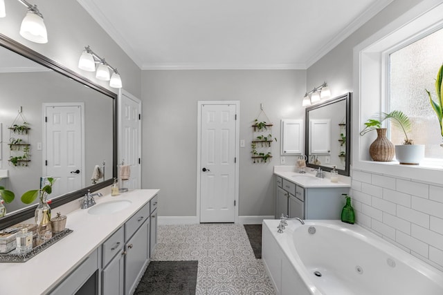 8639 Ballinger Dr, Houston, TX 77064 - bathroom featuring vanity, a whirlpool tub, and ornamental molding
