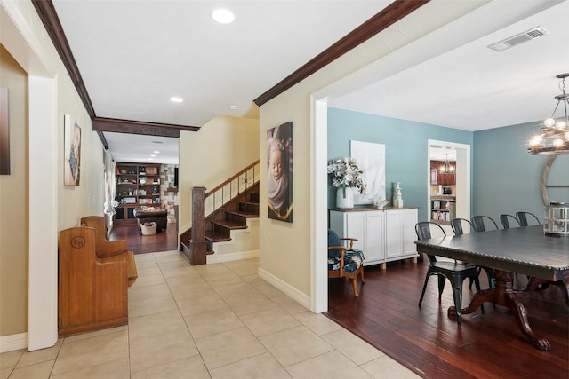 1025 Creek Bnd, Jasper, TX 75951 - dining room featuring a chandelier, stairs, ornamental molding, recessed lighting, and light tile patterned floors