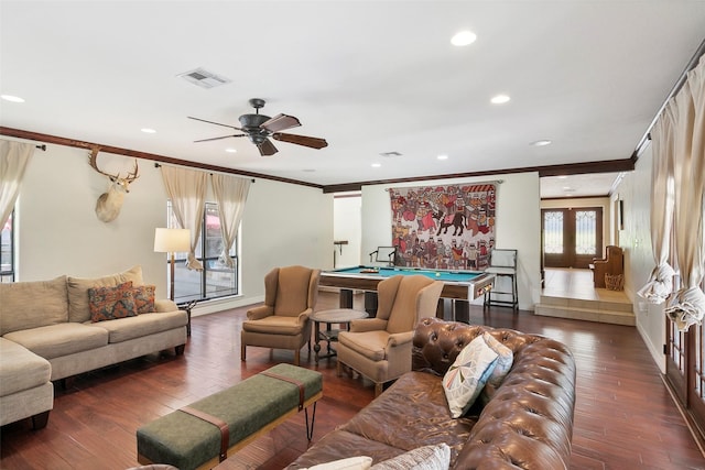 1025 Creek Bnd, Jasper, TX 75951 - living area with ornamental molding, pool table, ceiling fan, wood finished floors, and recessed lighting