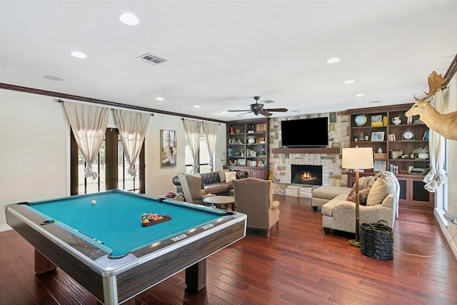 1025 Creek Bnd, Jasper, TX 75951 - game room with a ceiling fan, ornamental molding, recessed lighting, a fireplace, and billiards table
