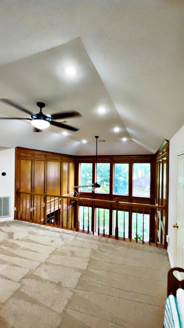 1600 Azalea St, Sweeny, TX 77480 - living room with ceiling fan, lofted ceiling, and carpet