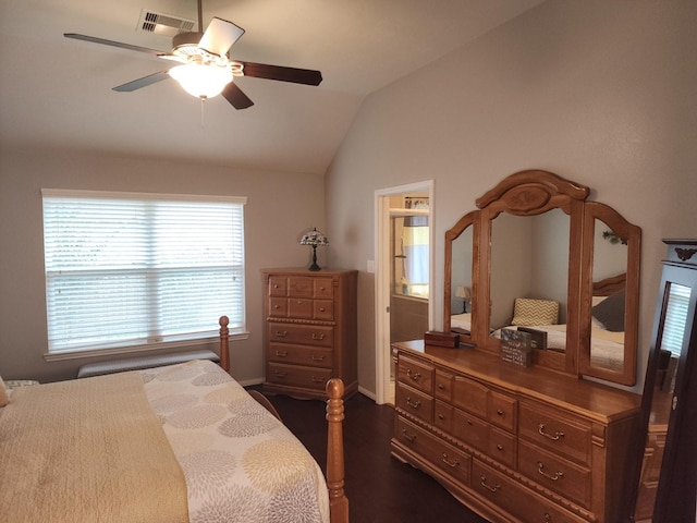 3514 Tulip Trace Dr, Spring, TX 77386 - bedroom featuring lofted ceiling, dark wood-style floors, and ceiling fan
