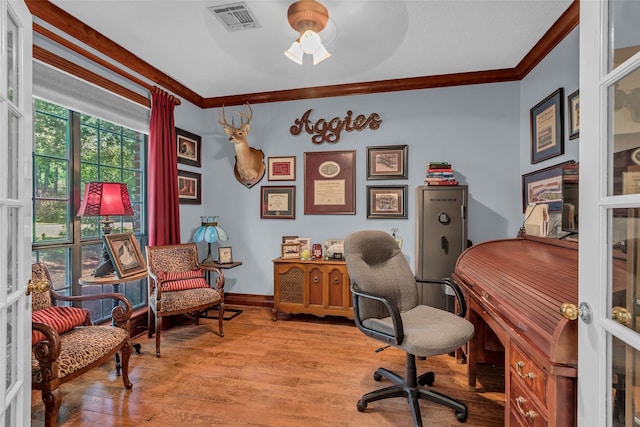 1019 Towering Oaks St, Magnolia, TX 77355 - office space with crown molding, wood finished floors, and a ceiling fan