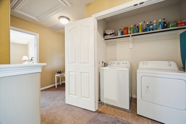 11014 Bakerwood Dr, Houston, TX 77064 - laundry room with washer and clothes dryer, attic access, and carpet floors