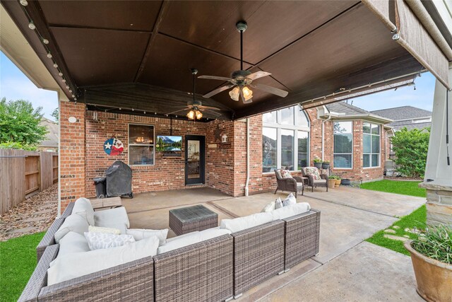 12415 Bunker Cove Dr, Cypress, TX 77433 - view of patio / terrace featuring an outdoor living space, ceiling fan, and area for grilling