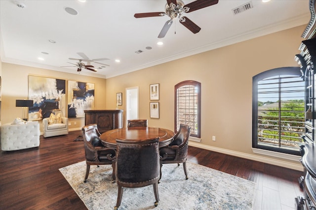 15611 Oyster Cove Dr, Sugar Land, TX 77478 - dining room featuring ceiling fan, ornamental molding, wood finished floors, recessed lighting, and arched walkways