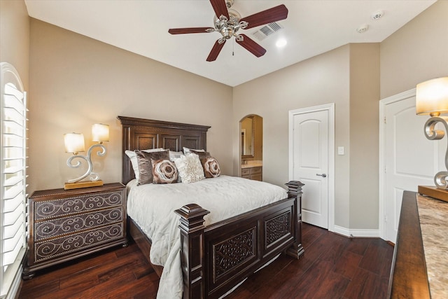 15611 Oyster Cove Dr, Sugar Land, TX 77478 - bedroom featuring hardwood / wood-style floors, arched walkways, and ceiling fan