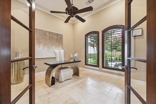 15611 Oyster Cove Dr, Sugar Land, TX 77478 - unfurnished office with stone tile flooring, crown molding, a ceiling fan, and french doors