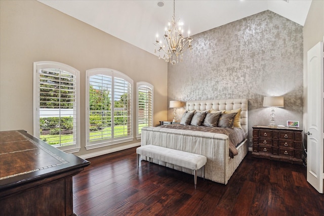 15611 Oyster Cove Dr, Sugar Land, TX 77478 - bedroom featuring a chandelier, multiple windows, dark wood finished floors, and high vaulted ceiling