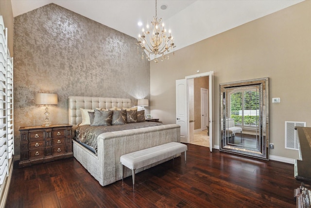 15611 Oyster Cove Dr, Sugar Land, TX 77478 - bedroom with dark wood-type flooring, a chandelier, and a high ceiling