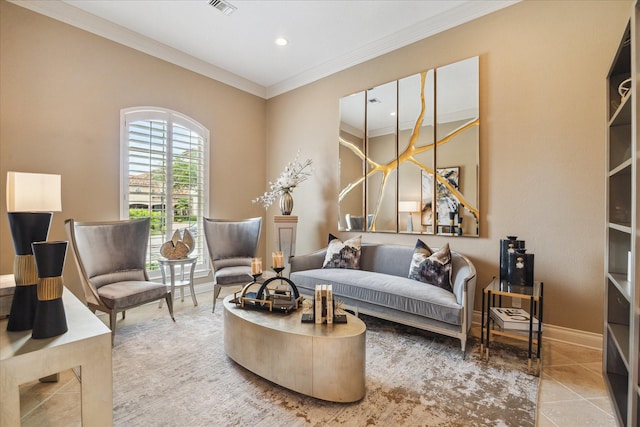 15611 Oyster Cove Dr, Sugar Land, TX 77478 - living area featuring ornamental molding, tile patterned flooring, and recessed lighting
