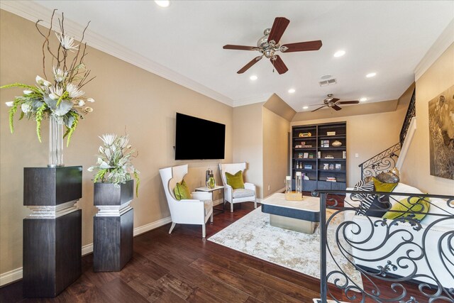 15611 Oyster Cove Dr, Sugar Land, TX 77478 - living area with wood finished floors, ceiling fan, ornamental molding, recessed lighting, and built in features