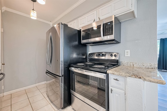 2110 Wilcrest Dr Unit 140, Houston, TX 77042 - kitchen with stainless steel appliances, crown molding, white cabinets, light tile patterned flooring, and hanging light fixtures