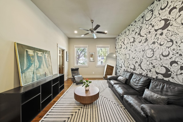 959 W 42nd St, Houston, TX 77018 - living area featuring dark wood-type flooring, recessed lighting, and ceiling fan