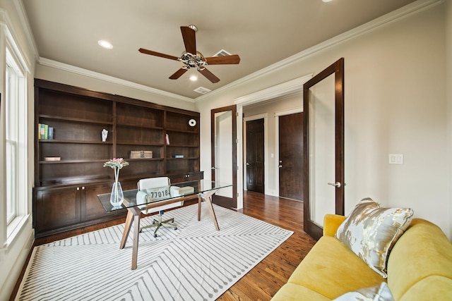 959 W 42nd St, Houston, TX 77018 - office space featuring french doors, ceiling fan, crown molding, dark wood finished floors, and recessed lighting
