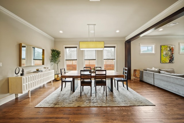 959 W 42nd St, Houston, TX 77018 - dining space with ornamental molding, wood finished floors, and recessed lighting