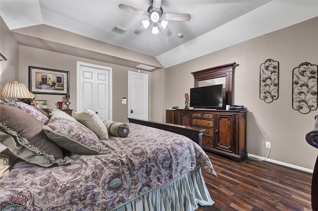 5806 Wilton St, Pearland, TX 77584 - bedroom with dark wood-type flooring, vaulted ceiling, and ceiling fan