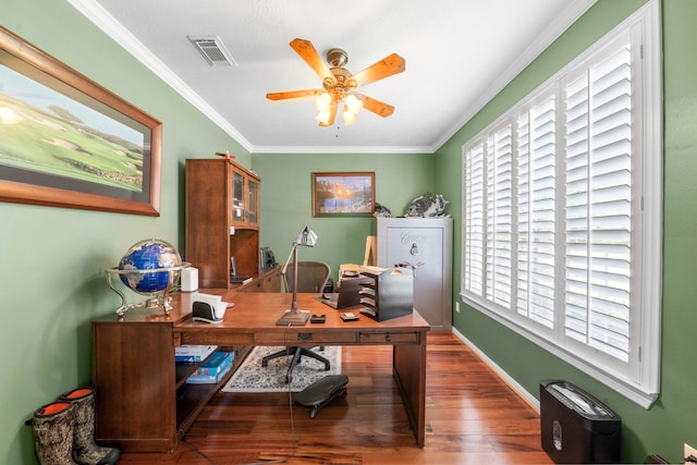 12815 Mimosa Spring Dr, Tomball, TX 77377 - office featuring a ceiling fan, wood finished floors, and ornamental molding